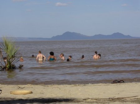 Students enjoying a refreshing dip in Lake Turkana.