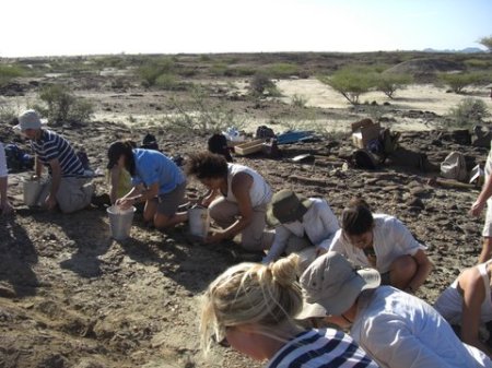 Students collecting rocks to help clear the site.