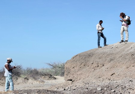 Tadele, Yemane and Evan record GPS points to map the extent of the Ileret volcanic ash (tuff).
