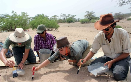 Evan, Rob, Adriadne and Kait carefully brushed off the surface of the ground after they recorded and collected any surface finds.