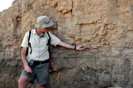 Dr. Feibel points out a layer of modified volcanic ash called Bentonite. 