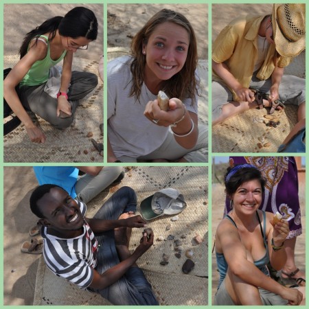 From top left: Lauren, Robyn, Janina, Abdi and Kat; working on their quartz pebbles (Robyn and Kat are showing the chopping tools they made).