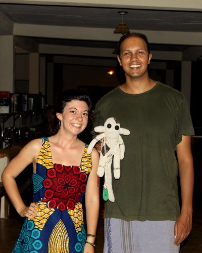 The committee - Kat and Dino - with the Olympic mascot, Kima, the sock monkey.