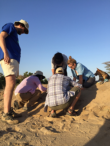 Dr. Fortelius watch as Sam, Dylan, and Rachel dig a small trench next to the pottery in order to examine the subsurface sediment.