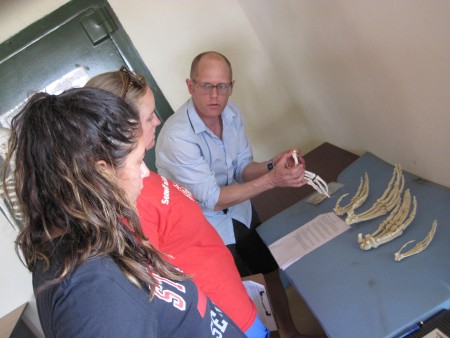 Dr. Matthew Skinner explains the type of hand bones to Page and Aileen.