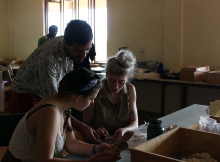 The students were able to look at and handle skeletons of all shapes and sizes. Kait, Jen and Ryan check out a tiny bush baby skeleton. 