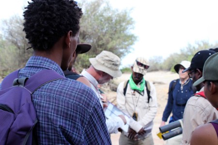 Prof. Feibel shows the TBI students a google earth map of the Tulu Bor river and delta before they set out on their hike.